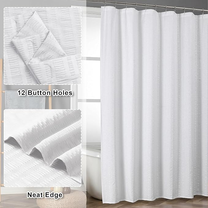 Aiyufeng Moga White Long Fabric Shower Curtain 72x78 inches Long, Hotel Quality, Washable, Water Repellent, White Spa Bathroom Curtains with 12 Button Holes, 72x78