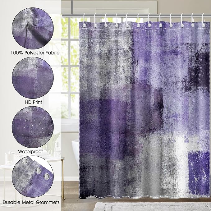 Mocsicka Abstract Shower Curtain Grey Abstract Art Painting Shower Curtain Bathroom Bathtub Curtain 72x72 Inch with 12 Hooks (Purple)