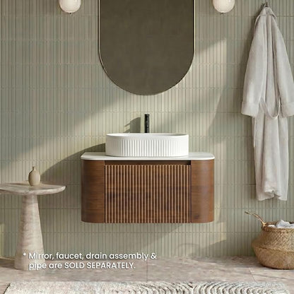 30" Preassembled Floating Bathroom Vanity with White Sink, Walnut | Mid-Century Modern Style, Fluted & Soft-Close Drawer with U-shaped Wall, Sinterted Stone Countertop, Towel Rack Included