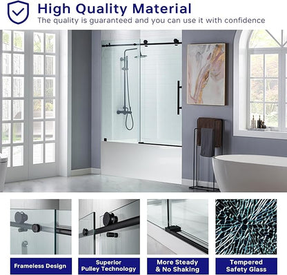 Woodbridge Frameless Bathtub Shower Doors 56-60" Width x 62" Height with 3/8"(10mm) Clear Tempered Glass in Matte Black Finish