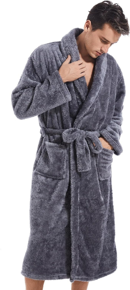 Inner Wish Mens Plush Fleece Robe, Cozy Warm Bathrobe Fuzzy Male Spa Long Robe With Pockets (DARK GREY)