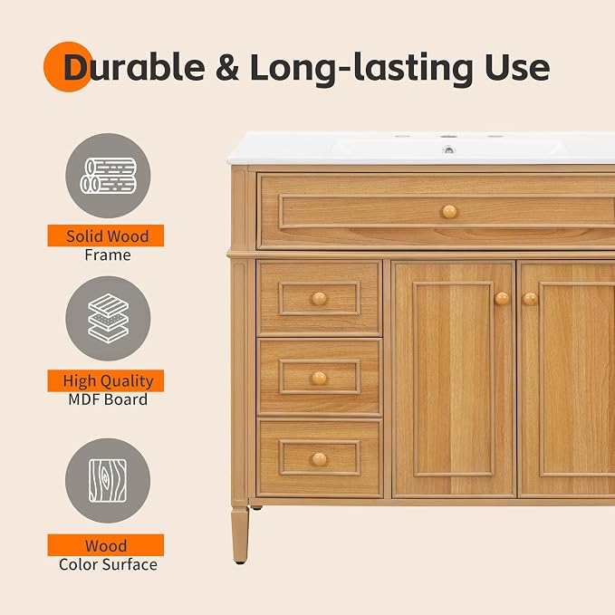 36" Modern Bathroom Vanity with Ceramic Sink, Tilt-Out Drawer & 2 Drawers, Solid Wood Frame Freestanding Storage Cabinet w/2 Soft-Close Doors & Adjustable Shelf, Rubberwood Handles, Wood