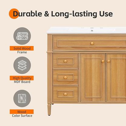36" Modern Bathroom Vanity with Ceramic Sink, Tilt-Out Drawer & 2 Drawers, Solid Wood Frame Freestanding Storage Cabinet w/2 Soft-Close Doors & Adjustable Shelf, Rubberwood Handles, Wood