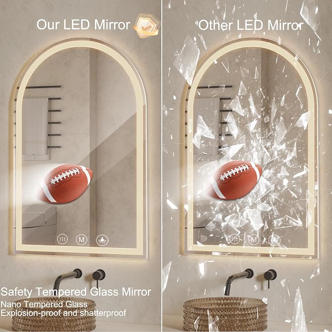 Arched LED Bathroom Mirrors with Lights 32"x48" LED Mirror for Bathroom,Led Vanity Mirror, Anti-Fog,LED Mirrors with Light, Anti-Fog, Dimmable, 3 Color, Shatterproof, Touch Sensor