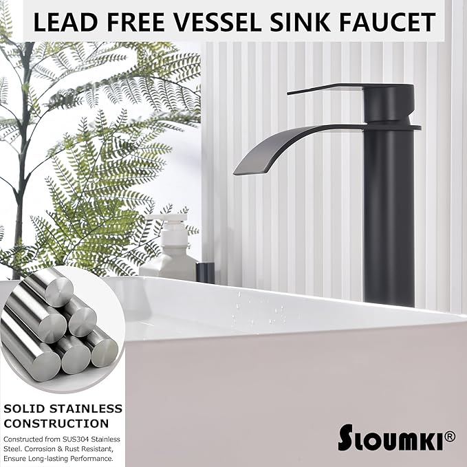 Matte Black Vessel Sink Faucet, High Bathroom Bowl Sink Faucet, Tall Waterfall Bathroom Faucet Single Handle with Hot and Cold Water Hose and Metal Drain