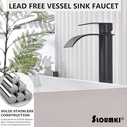 Matte Black Vessel Sink Faucet, High Bathroom Bowl Sink Faucet, Tall Waterfall Bathroom Faucet Single Handle with Hot and Cold Water Hose and Metal Drain