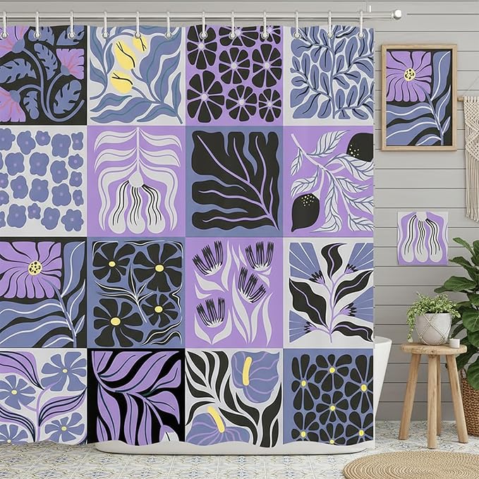 JAWO Retro Shower Curtain Vintage Abstract Boho Floral Shower Curtains for Bathroom Decor Purple Yellow Botanical Geometric Groovy Aesthetic Pattern Shower Curtain Sets with Hooks, 70X75IN