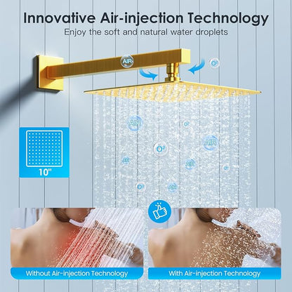 Shower System Shower Faucet Set with Push-Button Diverter and Wall Supply Elbow 10 Inch Shower Head Brushed Gold