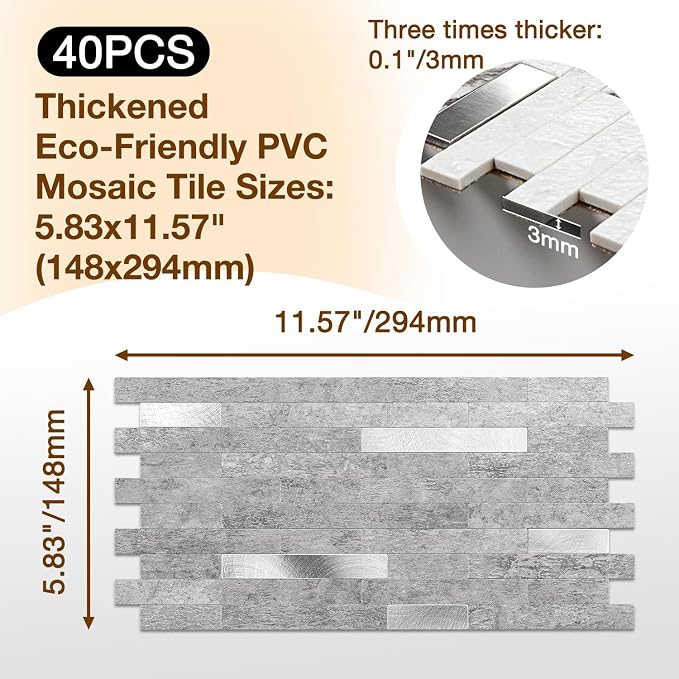 Peel and Stick Backsplash Tile Waterproof Removable PVC Wall Sticker 3D Faux Stone Marble Brick White Accent Panels (Matte Gray Stone - Metal Silver, 40 Tiles - 18 sq. ft. (1.68 m²))
