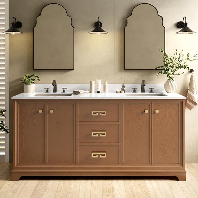 72 Inch Double Sink Bathroom Vanity, Light Walnut | Fully Assembled Bathroom Sink Cabinet, Marble Countertop & Backsplash, Soft Closing 4 Doors & 3 Drawers, Adjustable Shelves