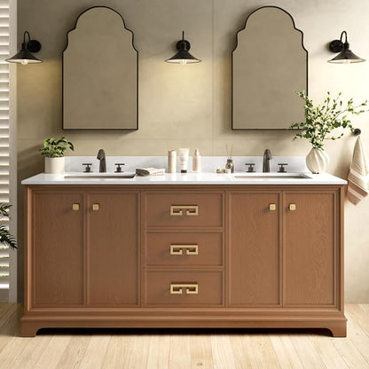72 Inch Double Sink Bathroom Vanity, Light Walnut | Fully Assembled Bathroom Sink Cabinet, Marble Countertop & Backsplash, Soft Closing 4 Doors & 3 Drawers, Adjustable Shelves