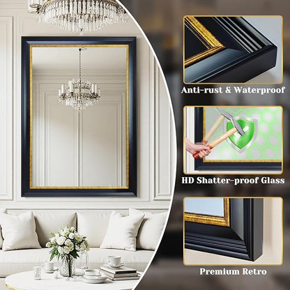 ROLOVE 23x34 Inch Antique Black and Gold Mirror for Wall, Ornate Baroque Decorative Mirror, Rectangle Vintage Wall Mirror for Fireplace & Entryway, Bathroom, Shatterproof Glass, Waterproof Frame