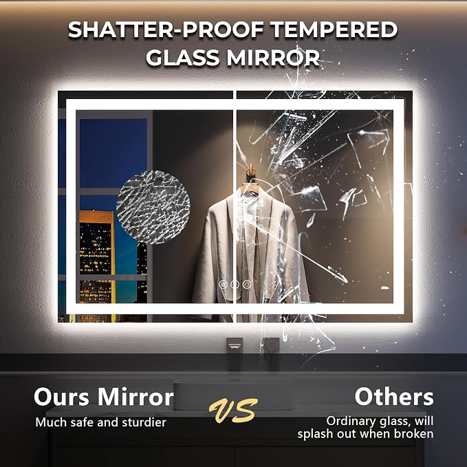 60x40 LED Bathroom Mirror with Lights, Lighted Vanity Mirror | Backlit and Front Light, Anti-Fog, 3 Color Dimmable, Memory, Tempered Glass, IP54 Waterproof, UL Listed