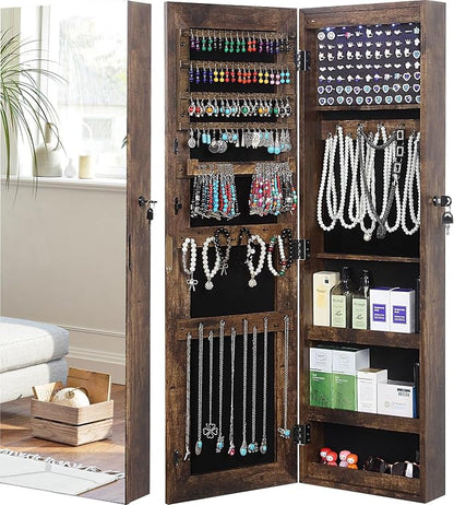 GISSAR Full Length Mirror Jewelry Cabinet, 6 LEDs Jewelry Armoire Wall Mounted Over The Door Hanging, Jewelry Organizer Display Storage Furniture with Lights Locker Mirrored Cabinet, Vintage Brown