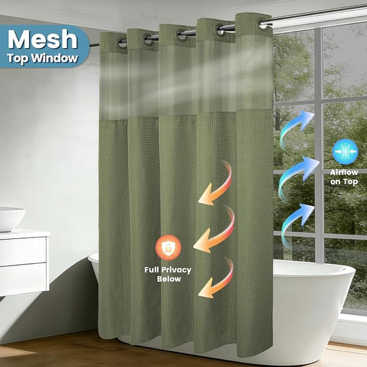 EUTXL Heavyweight Sage Green Long Hotel Shower Curtain - 256GSM Waffle Textured Heavy Duty Thick Fabric Shower Curtains for Bathroom,71W x 86H