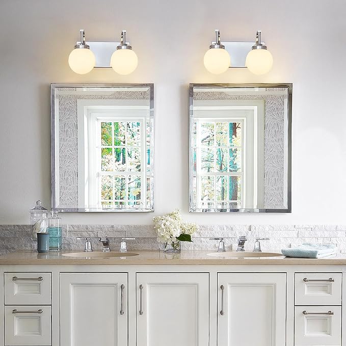 Modern 2 Lights Vanity Light Over Mirror Bathroom Vanity Light Fixtures Chrome Wall Sconce with Milk Glass Vanity Light for Bathroom Lighting