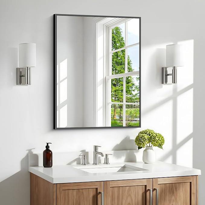 BONEWEI Bathroom Mirror,24x30 inch Wall Mirror for Bathroom Wall Mounted Black Rectangle Square Corner Mirrors,Black Bathroom Mirror for Living Room,Farmhouse,Bedroom Entryway,Horizontal/Vertical