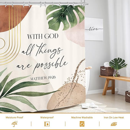 Glawry Boho Bible Verse Shower Curtain 60Wx72L Inches Inspirational Scriptures Quotes Abstract Tropical Green Palm Leaf Mid Century Christian Bathroom Bath Accessories Home Decor Fabric 12 Pack Hooks