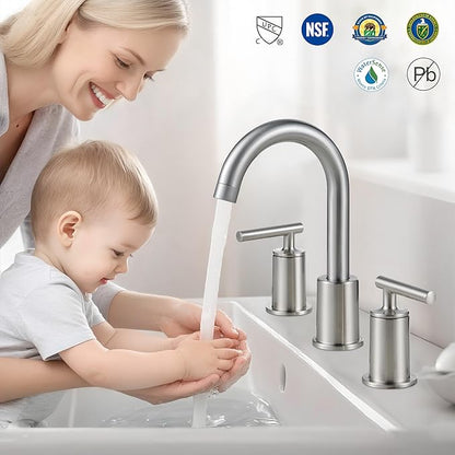 VXV Brushed Nickel Bathroom Faucet 3 Hole Widespread with Easy Installation, 2-Handle 8 Inch Bathroom Sink Faucet 360° Swivel Spout, Pre-Attached Hoses & Drain Included, Vanity Faucet for Bath Sink