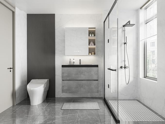 30 Inch Floating Bathroom Vanity with Sink, Modern Grey Wall Mounted Floating Vanity with Scratch-Resistant Quartz Sand Basin and Soft Closing Drawers, Pre Assembled Bathroom Vanity