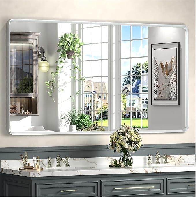 55x30 Silver Bathroom Mirror | Silver Metal Framed Vanity Mirror, Rounded Rectangle Mirror, Shatterproof, Anti-Rust, Silverish Painted (Horizontal/Vertical)