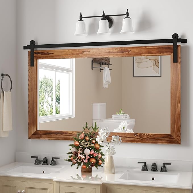 COGOOD Farmhouse Barn Door Mirror - 41" x 26" Rustic Wood Framed Wall Mirror for Bathroom, Living Room, Bedroom Wall Decor (Brown) | Farmhouse Barn Door Wood Framed Vanity Mirror for Entryway, Living Room, Bedroom, Dresser Wall Decor