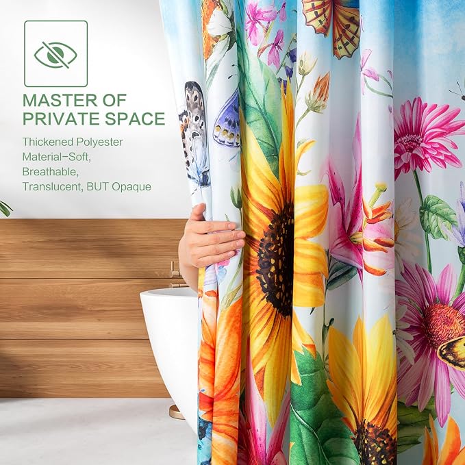 Shower Curtain Sunflowers Waterproof for Bathroom with Hooks 72x72 | Vibrant Colorful Floral Butterly Shower Curtain Washable Polyester Fabic Home Farmnouse Office Decor Bath Curtains