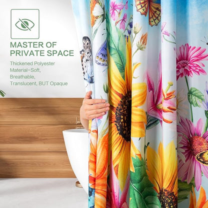 Shower Curtain Sunflowers Waterproof for Bathroom with Hooks 72x72 | Vibrant Colorful Floral Butterly Shower Curtain Washable Polyester Fabic Home Farmnouse Office Decor Bath Curtains