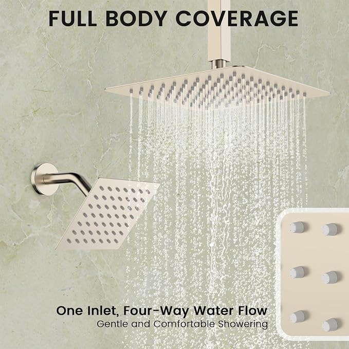 Longriver 3-Push Button Shower Faucet Set Hydro Power Temperature Display | Shower System Ceiling Mounted 10" & Wall Mounted 6" Shower Head with 3-Spary Handheld, Brushed Nickel