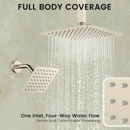 Longriver 3-Push Button Shower Faucet Set Hydro Power Temperature Display | Shower System Ceiling Mounted 10" & Wall Mounted 6" Shower Head with 3-Spary Handheld, Brushed Nickel