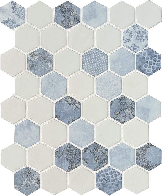 MSI Vista Azul 12.76 inch x 11.02 inch Glass Hexagon Tile for Kitchen Backsplash, Wall Tile for Bathroom, Shower Wall Tile, Hexagon Mesh Mounted Mosaic Tile, Blue