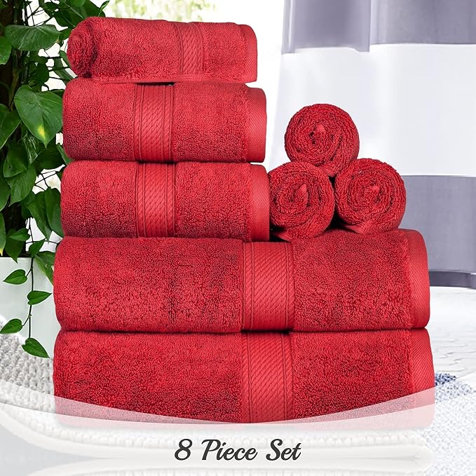 SUPERIOR Egyptian Cotton Ultra Plush & Absorbent, 8 Piece Set, Red | Quick Dry, Soft Luxury Towel Set, Bath Essentials, Guest Bath, Spa, 2 Bath, 2 Hand, 4 Face Towels, Madeline Towels