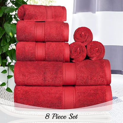 SUPERIOR Egyptian Cotton Ultra Plush & Absorbent, 8 Piece Set, Red | Quick Dry, Soft Luxury Towel Set, Bath Essentials, Guest Bath, Spa, 2 Bath, 2 Hand, 4 Face Towels, Madeline Towels