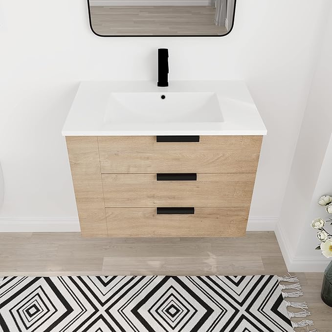 30 Inch Bathroom Vanity with White Sink Combo, Wall-Mounted Bathroom Vanity 3 Drawer&Left Side Shelf for Small Space, Modern Floating Bathroom Cabinet with Top Basin & Storage Cabinet,Brown