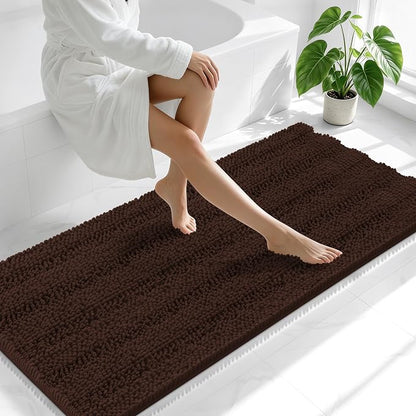 Smiry Thick Chenille Bathroom Runner Rugs 59x24, Absorbent Bath Mat, Brown | Quick‑Dry & Machine Washable, Non‑Slip Bath Carpet, Soft Striped Bath Rugs for Tub & Shower, Modern Home Decor Accessories