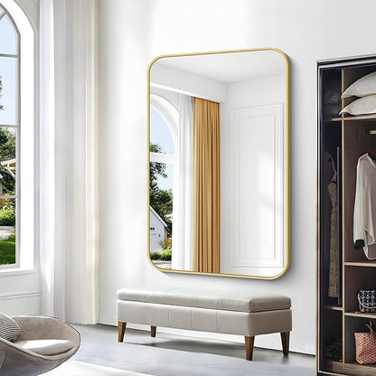 BONEWEI Gold Bathroom Mirror,60x40 inch Wall Mirror for Bathroom Wall Mounted,Round Rectangle Mirror for Bathroom Over Sink,Modern Frame for Home Decor Living Room,Bedroom Entryway,Horizontal/Vertical