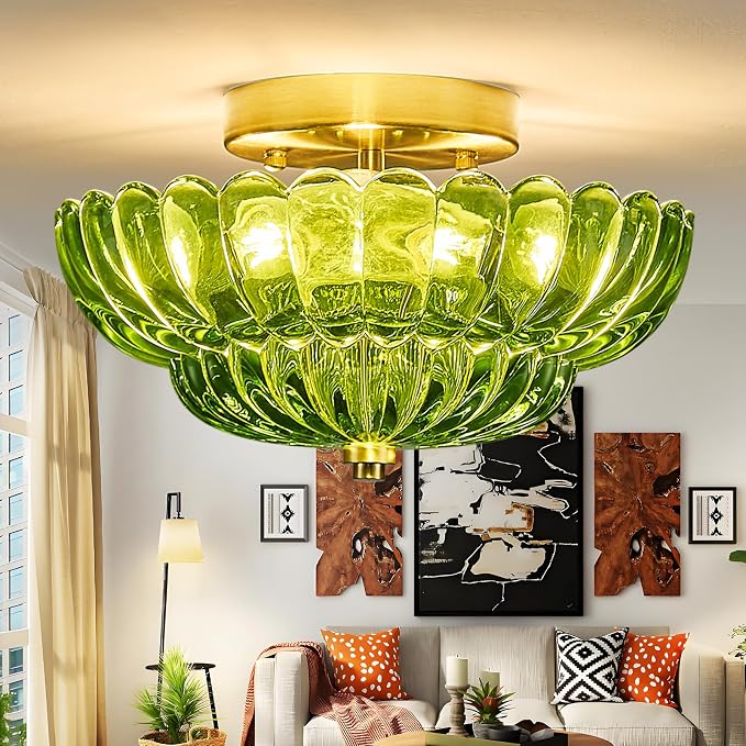 Green Glass Semi Flush Mount Ceiling Light Fixture,11.8 in,3-Lights | Flower Shape,Round Gold Base,Use E26 Bulb,Support Dimmable,for Hallway,Bedroom,Bathroom,Foyer,Closet,Entryway,Laundry Room