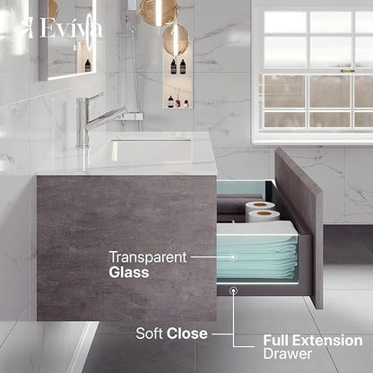 Eviva Aurora 36 in. Concrete Gray Wall Mount Single Sink Bath Vanity with Carrara Quartz Top