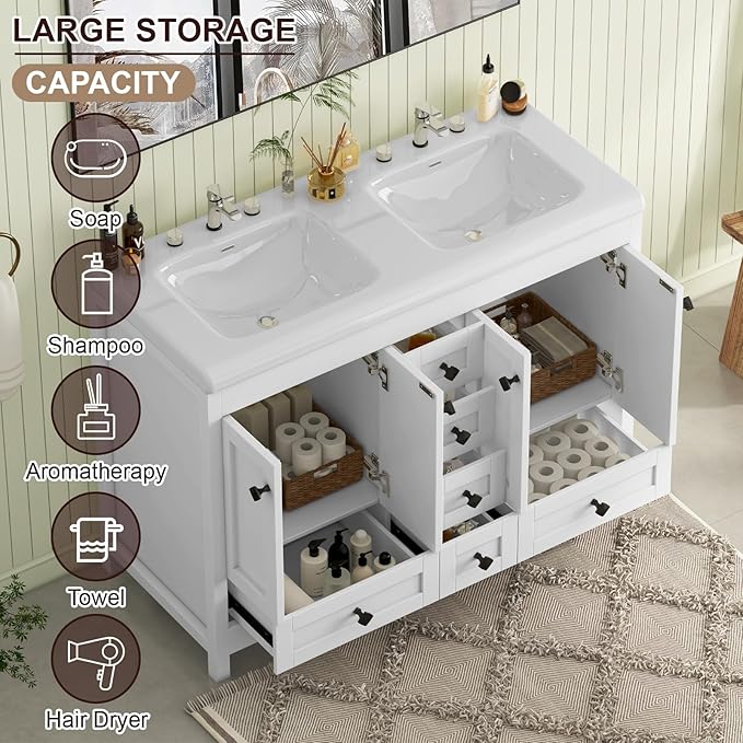 48" Bathroom Vanities with Sink Combo, Modern Double Bathroom Vanity with 4 Doors & 5 Drawers, Freestanding White Bathroom Cabinet with Double Ceramic Sink, White