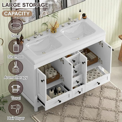 48" Bathroom Vanities with Sink Combo, Modern Double Bathroom Vanity with 4 Doors & 5 Drawers, Freestanding White Bathroom Cabinet with Double Ceramic Sink, White