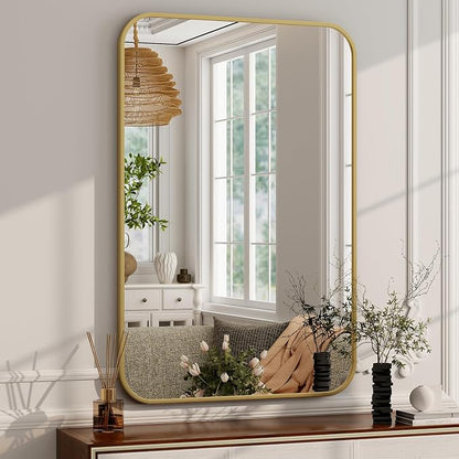 Easly 20 x 28 Inch Bathroom Mirror, Rounded Rectangular Vanity Mirror for Wall, Modern Mirror for Room Decor, Gold Framed Wall-Mounted Mirrors for Home Decor, Hangs Horizontally or Vertically