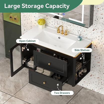 36 inch Floating Bathroom Vanity with Sink, Soft-Close Storage Cabinet and 2 Drawers, Wall-Mounted Modern LED Bathroom Cabinet with Ceramic Integrated Sink, Black