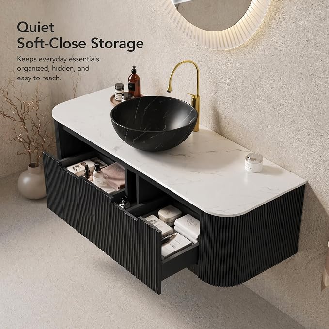48 Inch Bathroom Vanity with Sink, Floating Wall Mounted Single Sink Vanity, Black Curved Fluted Front, Stone Top, Black Marble Vessel Basin, Pre-Assembled