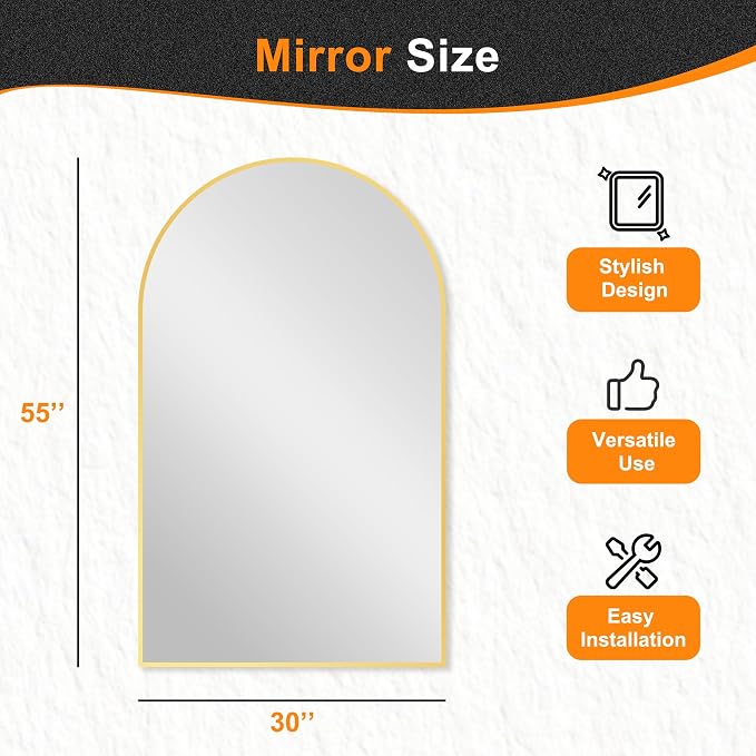Arched Bathroom Mirror, Gold, 50"x30"