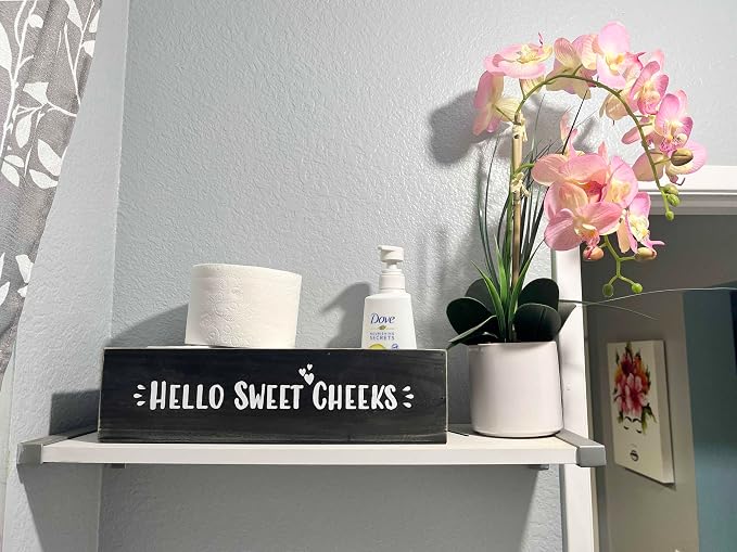 Admired By Nature Hello Sweet Cheeks Solid Wood Toilet Paper Holder, Farmhouse Décor, Toilet Paper Storage, Bathroom Accessories, Bathroom Décor, for Home Décor Bathroom Organizer (Black)