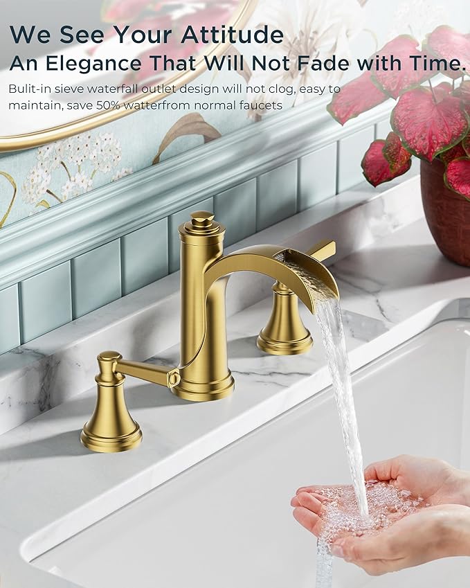 FORIOUS Brushed Gold Bathroom Faucet 3 Hole Widespread, Two Handle Antique Brass Waterfall Bathroom Faucet Gold 3 Hole for Vanity with Metal Drain Kit and Pre-Assembled CUPC Hose and All Tools
