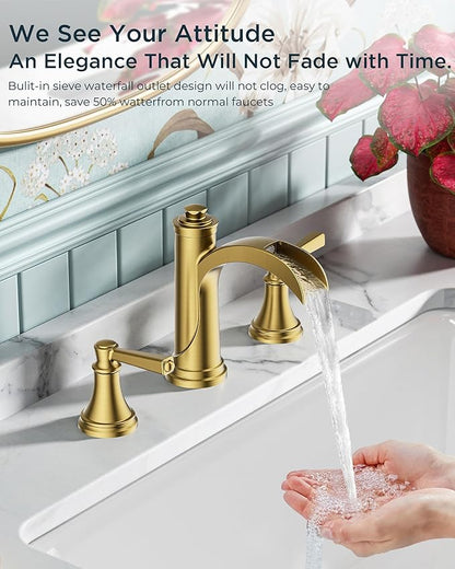 FORIOUS Brushed Gold Bathroom Faucet 3 Hole Widespread, Two Handle Antique Brass Waterfall Bathroom Faucet Gold 3 Hole for Vanity with Metal Drain Kit and Pre-Assembled CUPC Hose and All Tools