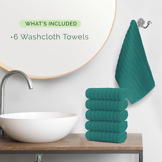 Elegant Comfort 100% Turkish Cotton Corduroy Ribbed Luxury Washcloths 6 Pack Soft 13 x 13 Inch - Higly Absorbent, Durable, Quick Dry, Spa Premium Hotel Quality for Bathroom or Travel, Turquoise