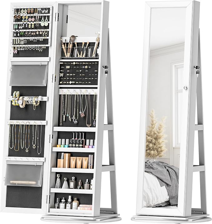 HOMCOM 360° Swivel Jewelry Cabinet Lockable with Full-Length Mirror White | Jewelry Armoire Organizer, Back Storage Shelves, Interior Small Mirror, Bedroom Living Room