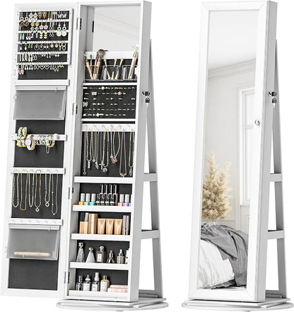 HOMCOM 360° Swivel Jewelry Cabinet Lockable with Full-Length Mirror White | Jewelry Armoire Organizer, Back Storage Shelves, Interior Small Mirror, Bedroom Living Room